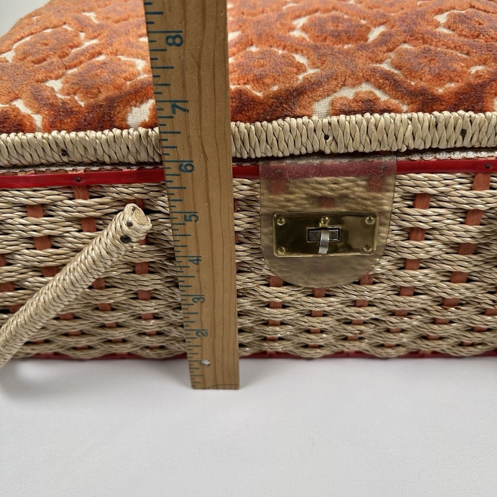 Vtg Japan Woven Wicker Sewing Basket Box Chenille Floral Lid Brass Latch - Picture 12 of 16